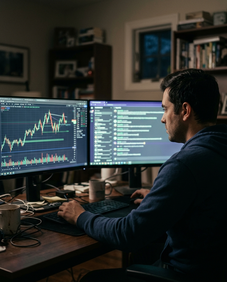 Trader indépendant devant ses écrans de graphiques, de nuit